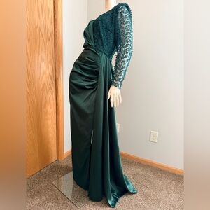 Custom Emerald Green Grown, Long Sleeves with Lace Detailing, Slit and Train